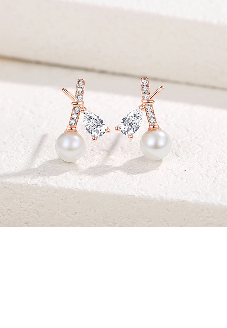 925 Sterling Silver Plated Rose Gold Simple and Fashion Cross Imitation Pearl Stud Earrings with Cubic Zirconia - Luxurious Look