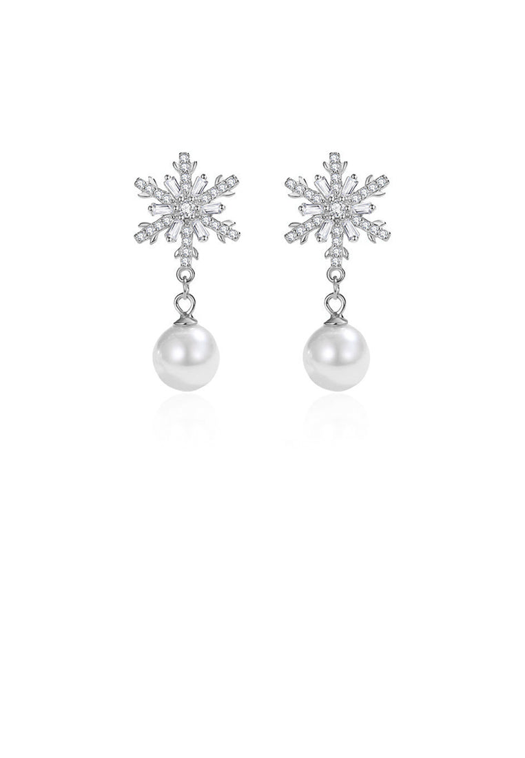 925 Sterling Silver Fashion Temperament Snowflake Imitation Pearl Earrings with Cubic Zirconia - Luxurious Look