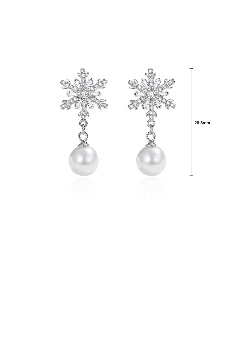925 Sterling Silver Fashion Temperament Snowflake Imitation Pearl Earrings with Cubic Zirconia - Luxurious Look
