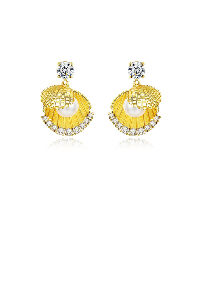 Fashion Temperament Plated Gold Shell Imitation Pearl Earrings with Cubic Zirconia - Luxurious Look