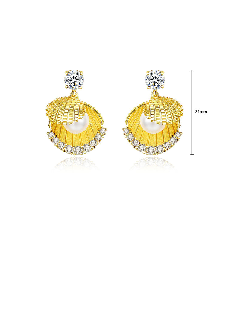 Fashion Temperament Plated Gold Shell Imitation Pearl Earrings with Cubic Zirconia - Luxurious Look