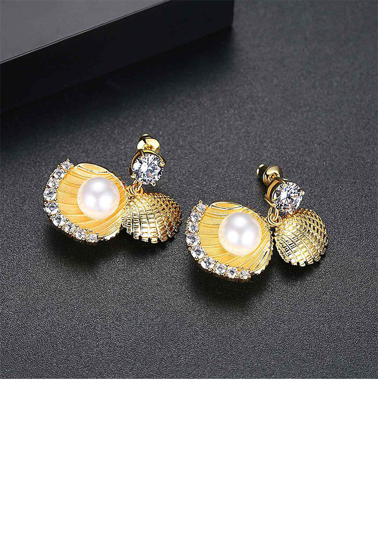 Fashion Temperament Plated Gold Shell Imitation Pearl Earrings with Cubic Zirconia - Luxurious Look
