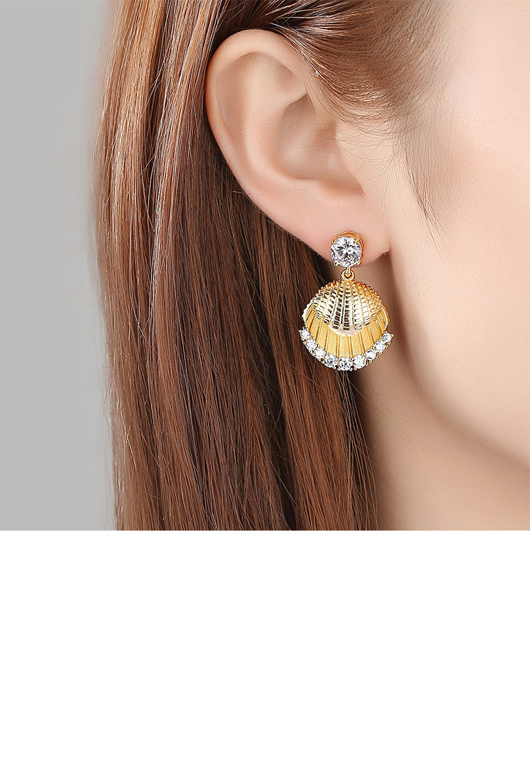 Fashion Temperament Plated Gold Shell Imitation Pearl Earrings with Cubic Zirconia - Luxurious Look
