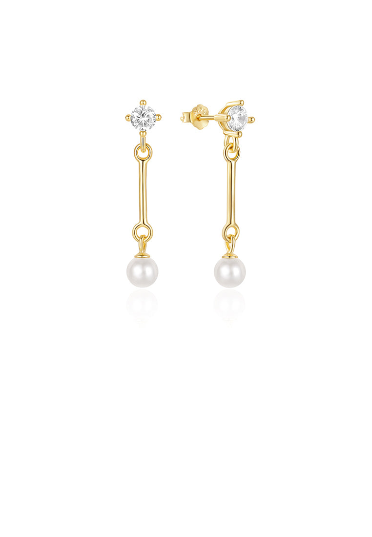 925 Sterling Silver Plated Gold Simple Temperament Geometric Tassel Imitation Pearl Earrings with Cubic Zirconia - Luxurious Look
