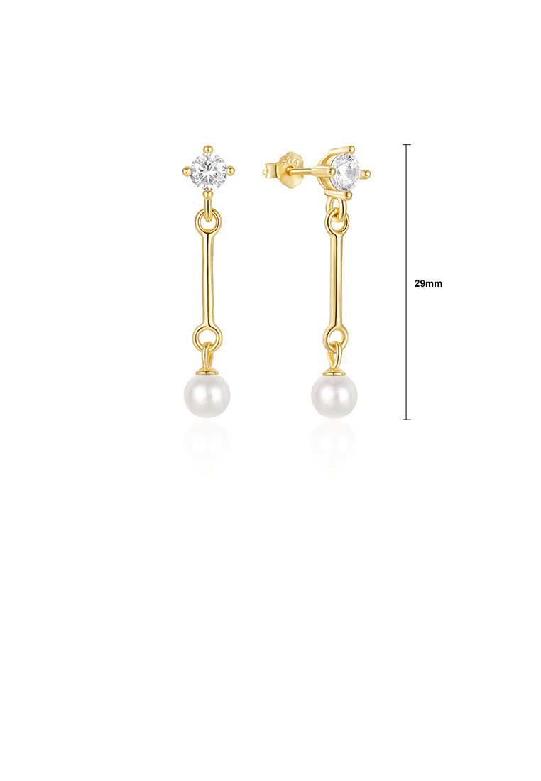 925 Sterling Silver Plated Gold Simple Temperament Geometric Tassel Imitation Pearl Earrings with Cubic Zirconia - Luxurious Look