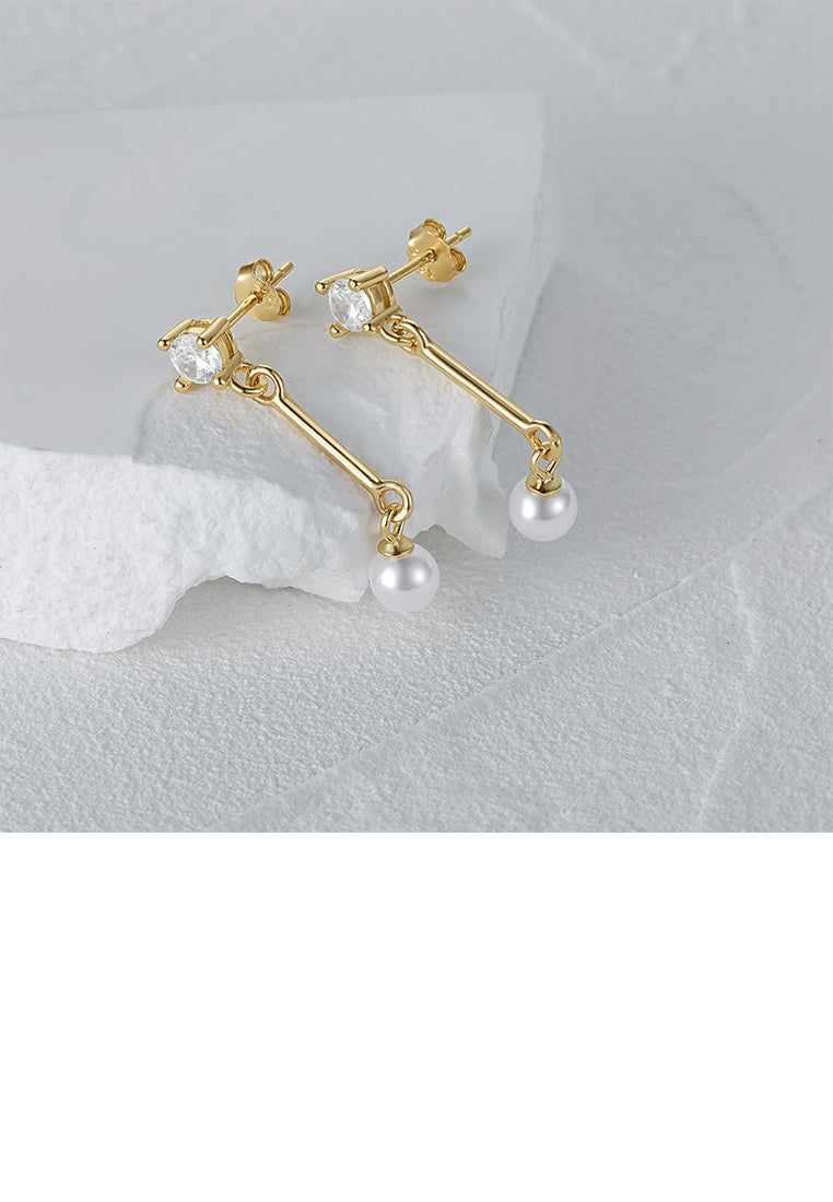 925 Sterling Silver Plated Gold Simple Temperament Geometric Tassel Imitation Pearl Earrings with Cubic Zirconia - Luxurious Look
