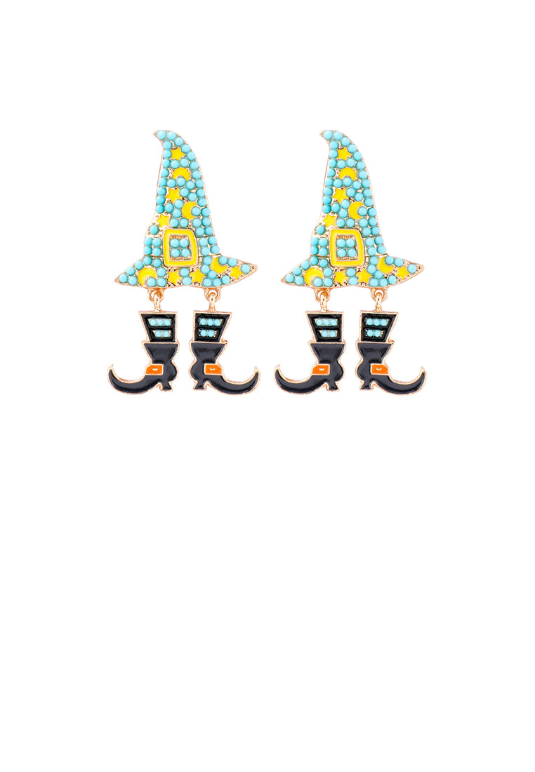 Fashionable and Creative Plated Gold Halloween Wizard Hat Witch Blue Ball Earrings