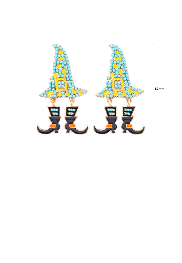 Fashionable and Creative Plated Gold Halloween Wizard Hat Witch Blue Ball Earrings