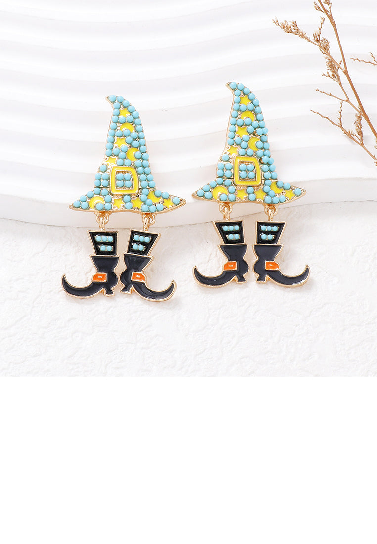 Fashionable and Creative Plated Gold Halloween Wizard Hat Witch Blue Ball Earrings