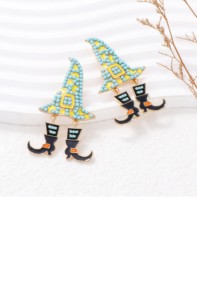 Fashionable and Creative Plated Gold Halloween Wizard Hat Witch Blue Ball Earrings