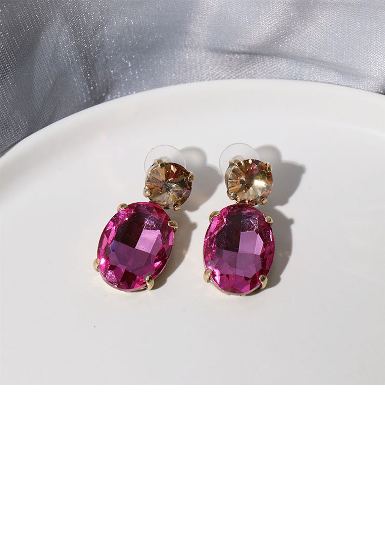 Fashion and Simple Plated Gold Geometric Oval Stud Earrings with Pink Cubic Zirconia - Luxurious Look - Vibrant Color