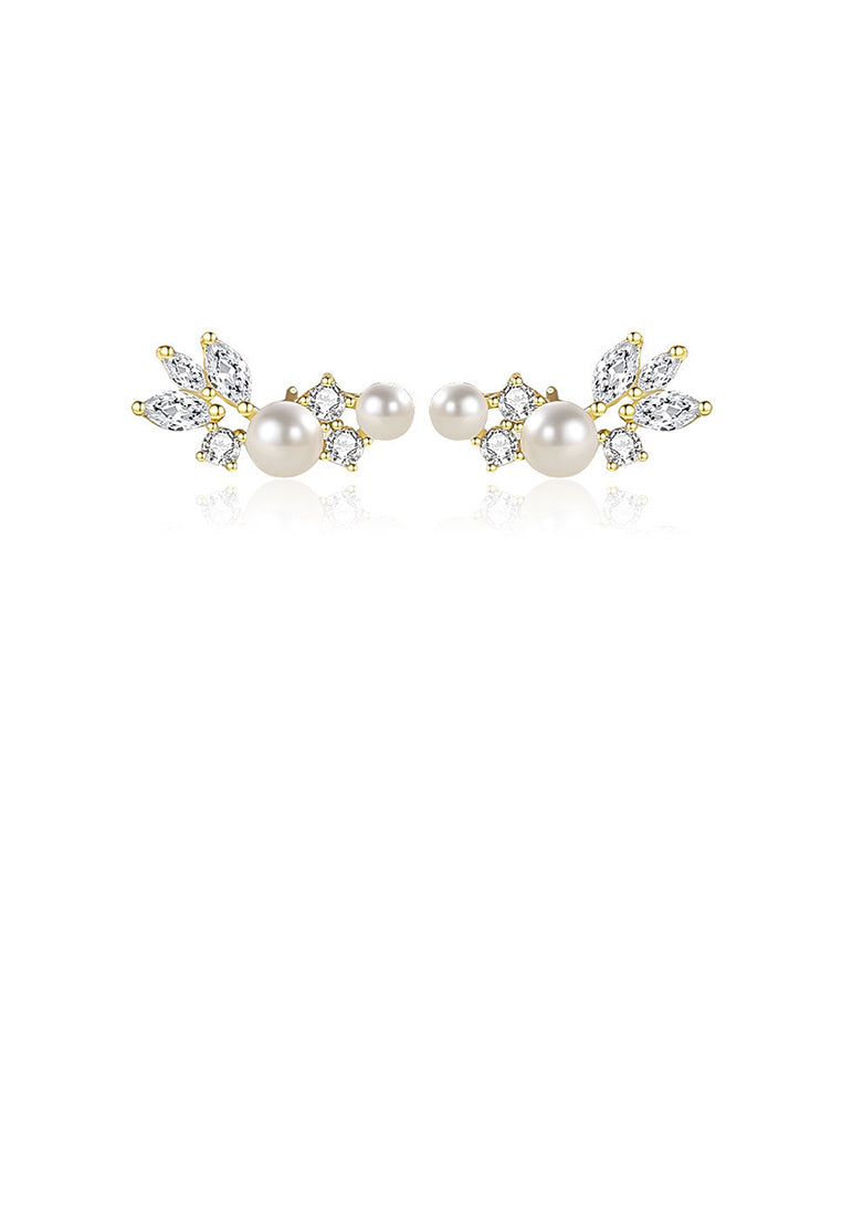 925 Sterling Silver Plated Gold Fashion Elegant Geometric Imitation Pearl Stud Earrings with Cubic Zirconia - Luxurious Look