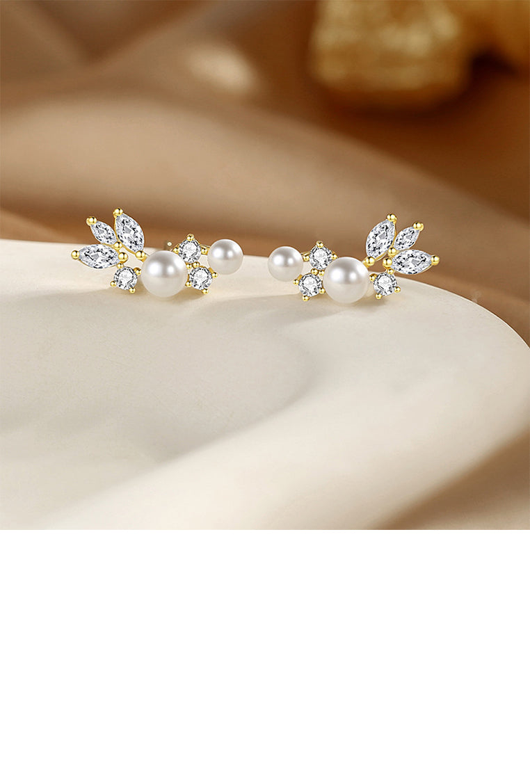 925 Sterling Silver Plated Gold Fashion Elegant Geometric Imitation Pearl Stud Earrings with Cubic Zirconia - Luxurious Look