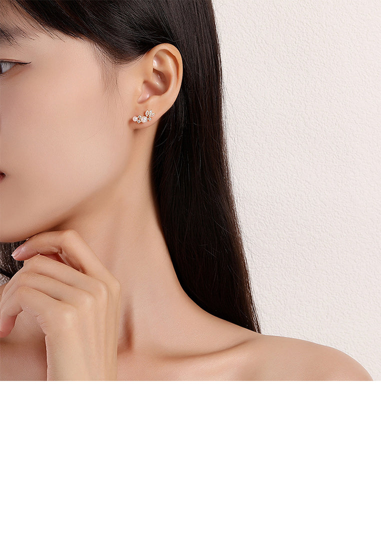 925 Sterling Silver Plated Gold Fashion Elegant Geometric Imitation Pearl Stud Earrings with Cubic Zirconia - Luxurious Look