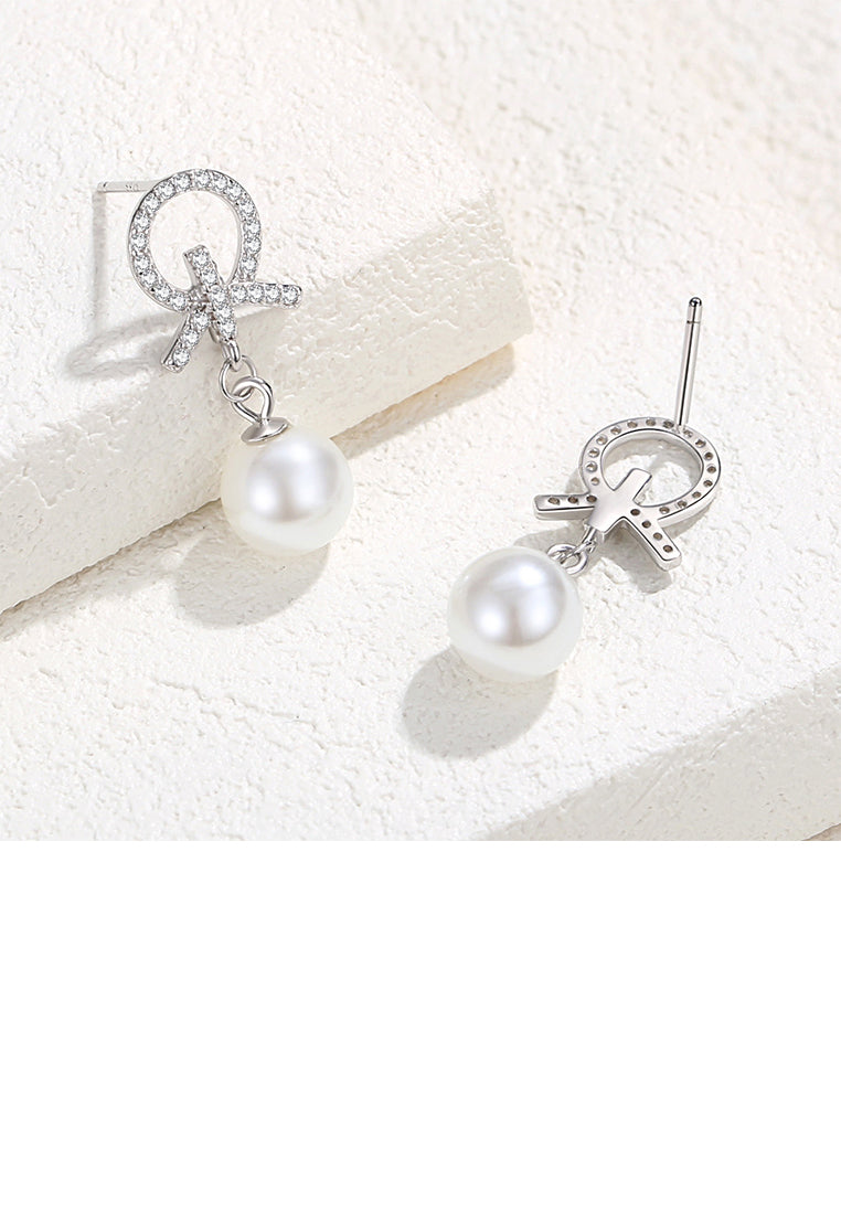 925 Sterling Silver Fashion Simple Knotted Geometric Imitation Pearl Earrings with Cubic Zirconia - Luxurious Look