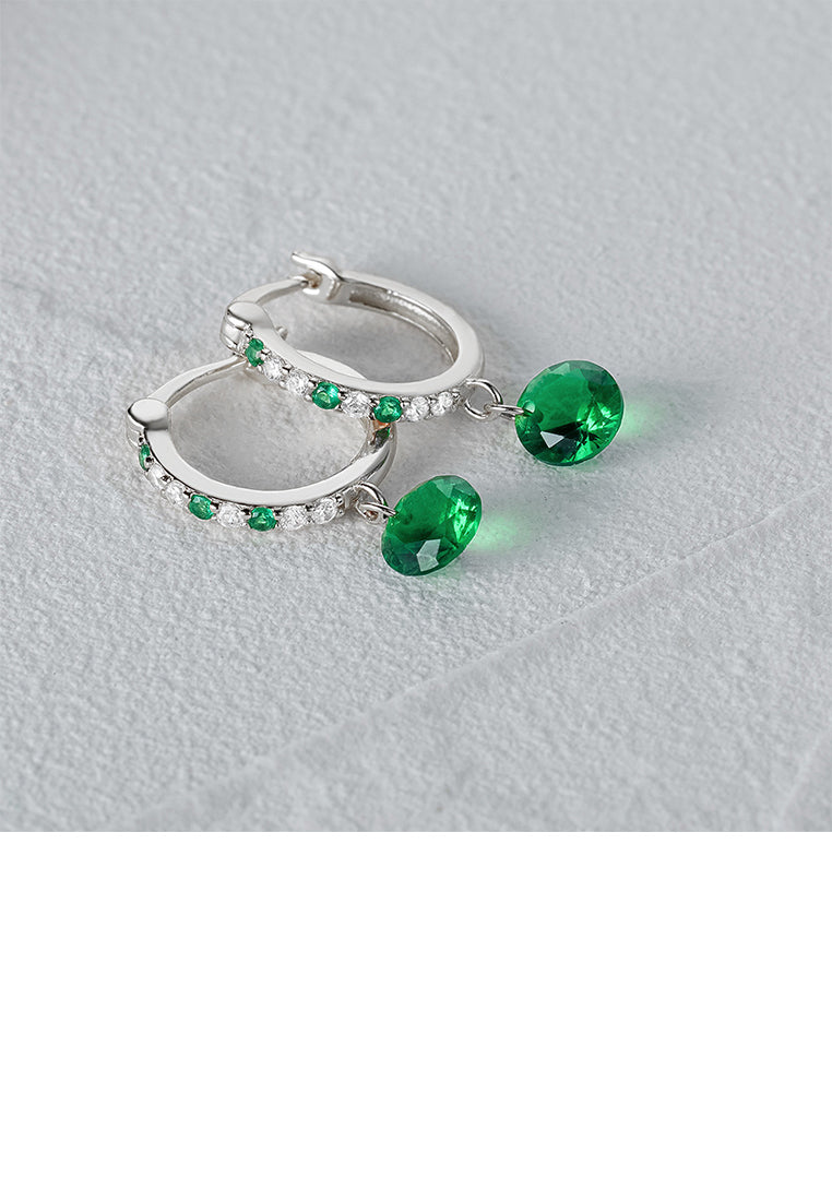 925 Sterling Silver Simple Fashion Geometric Hoop Earrings with Green Cubic Zirconia - Luxurious Look