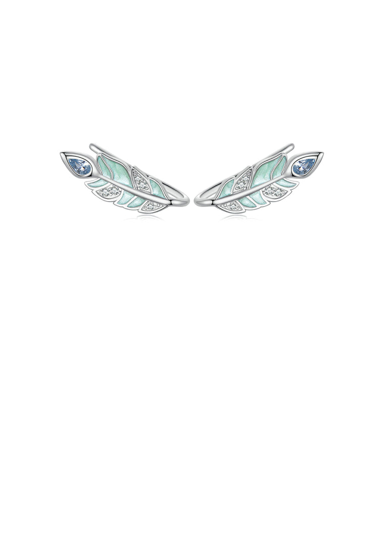 925 Sterling Silver Fashion Simple Enamel Feather Stud Earrings with Cubic Zirconia - Luxurious Look