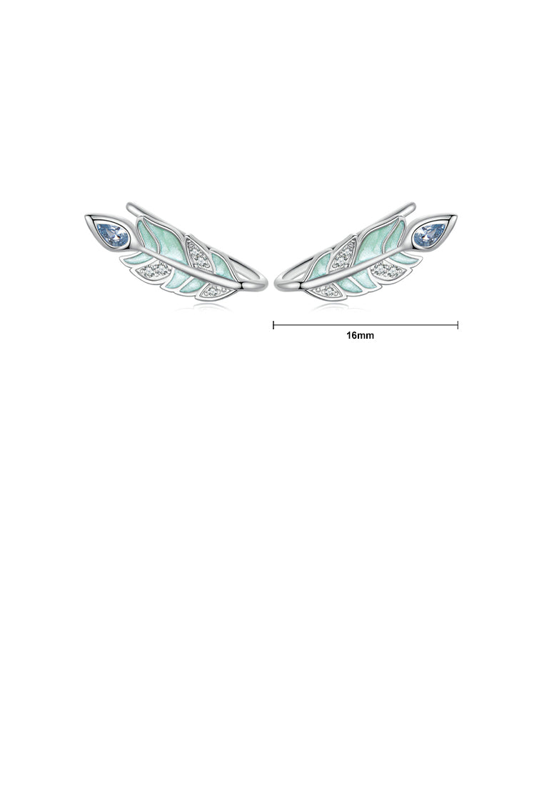 925 Sterling Silver Fashion Simple Enamel Feather Stud Earrings with Cubic Zirconia - Luxurious Look