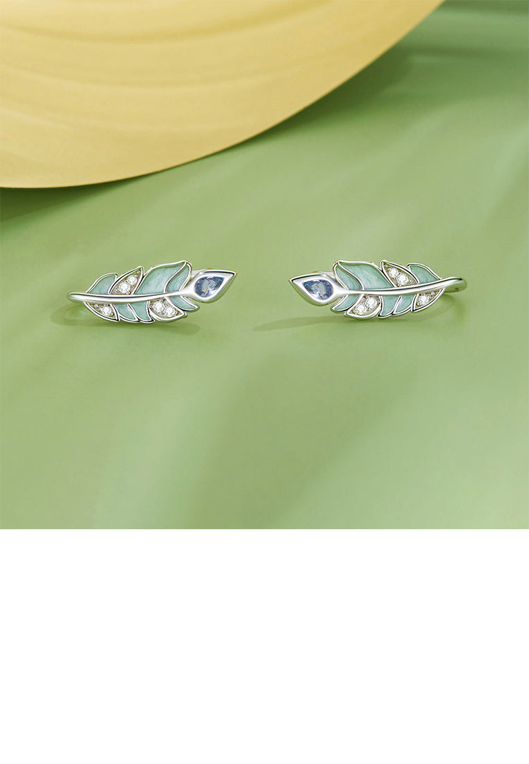 925 Sterling Silver Fashion Simple Enamel Feather Stud Earrings with Cubic Zirconia - Luxurious Look