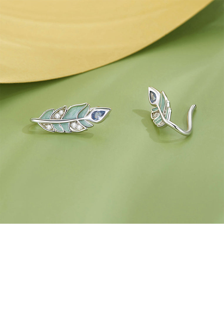 925 Sterling Silver Fashion Simple Enamel Feather Stud Earrings with Cubic Zirconia - Luxurious Look