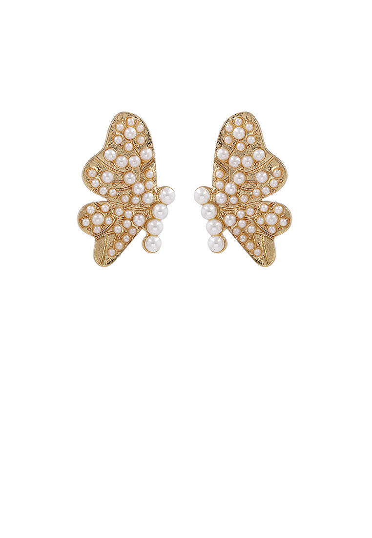 Simple and Elegant Plated Gold Butterfly Stud Earrings with Imitation Pearls