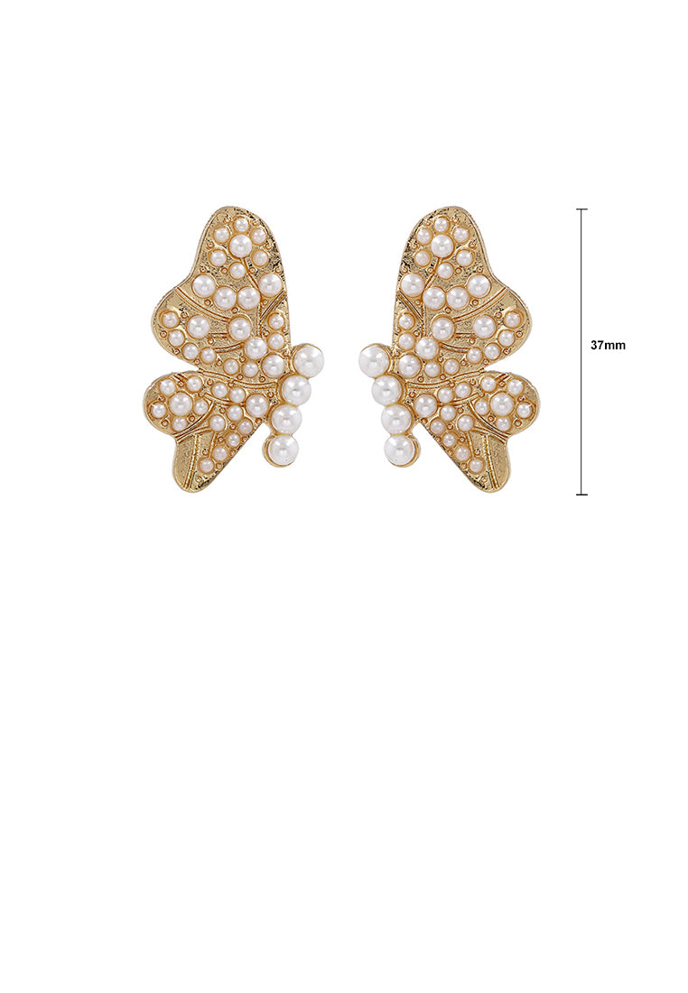 Simple and Elegant Plated Gold Butterfly Stud Earrings with Imitation Pearls