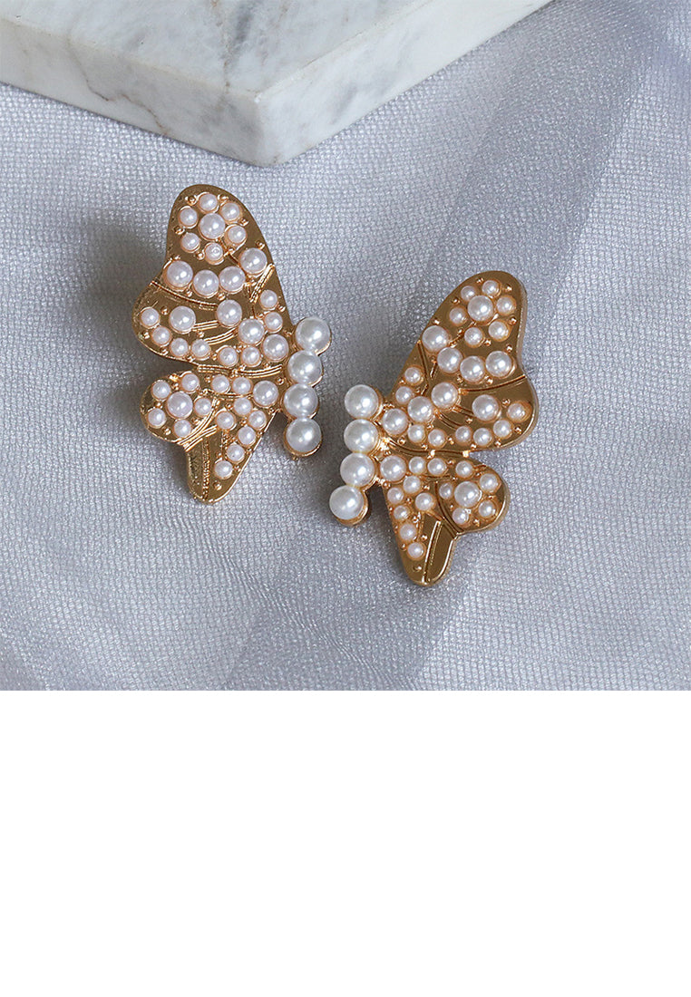 Simple and Elegant Plated Gold Butterfly Stud Earrings with Imitation Pearls