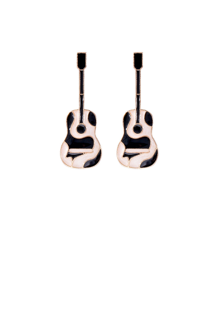 Fashion and Creative Plated Gold Enamel Black Guitar Stud Earrings