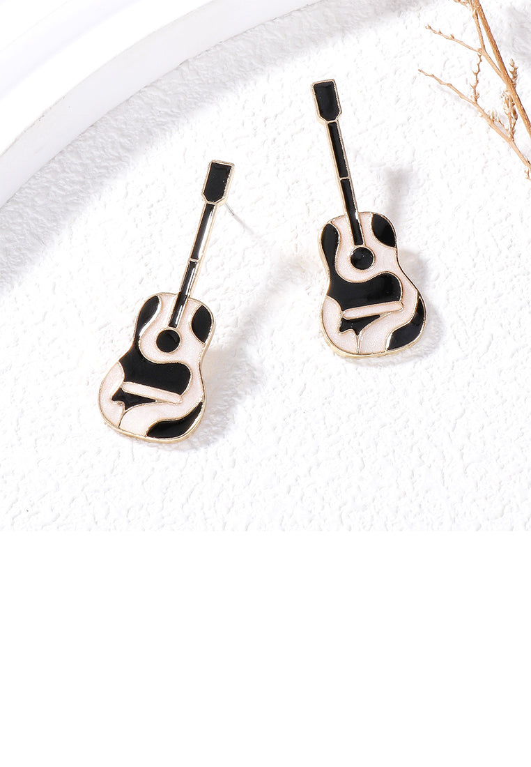 Fashion and Creative Plated Gold Enamel Black Guitar Stud Earrings