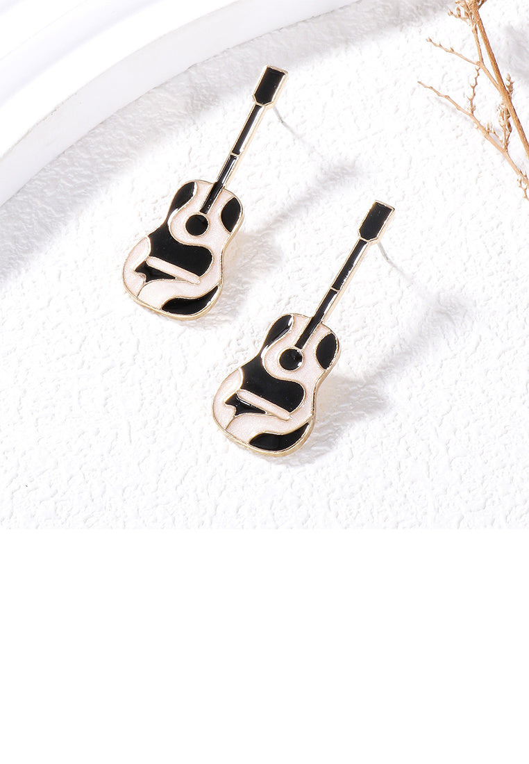 Fashion and Creative Plated Gold Enamel Black Guitar Stud Earrings