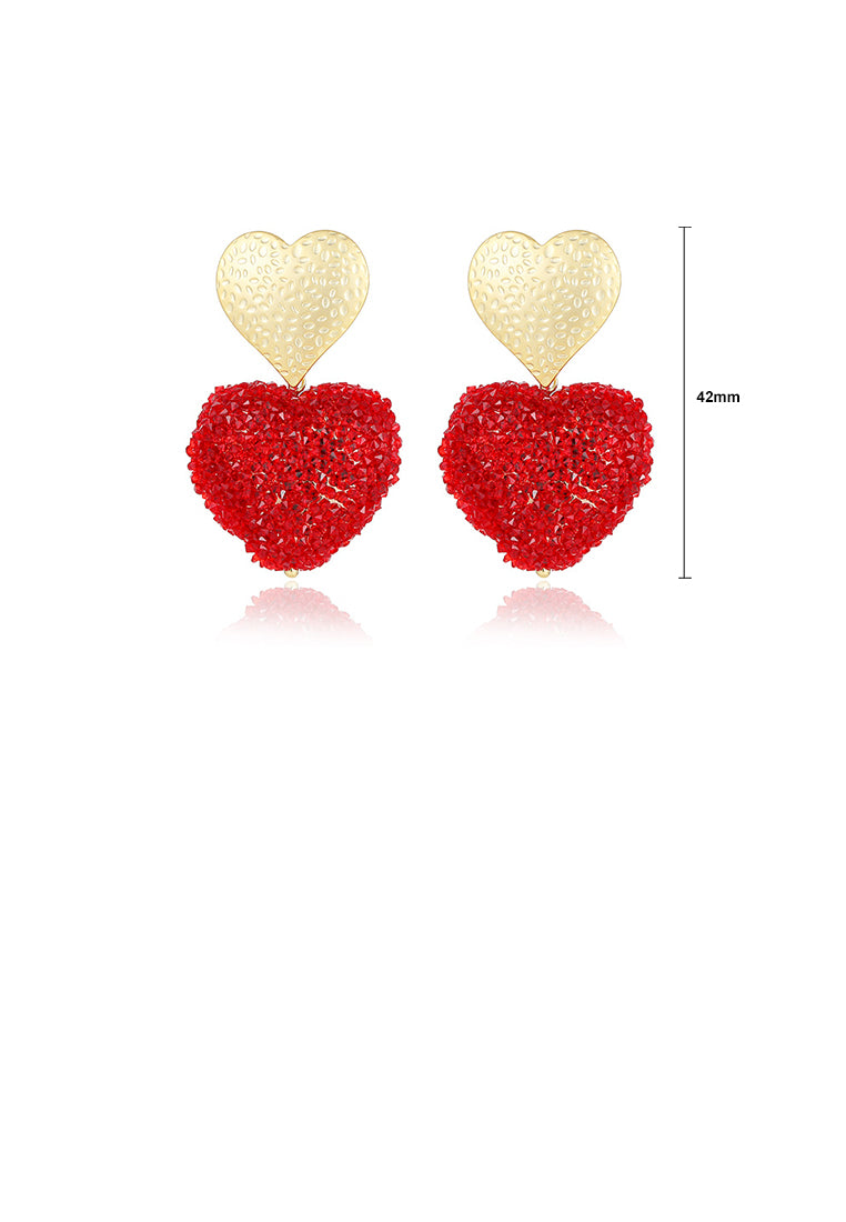 Simple Dazzling Plated Gold Heart Earrings with Red Cubic Zirconia - Luxurious Look - Vibrant Color