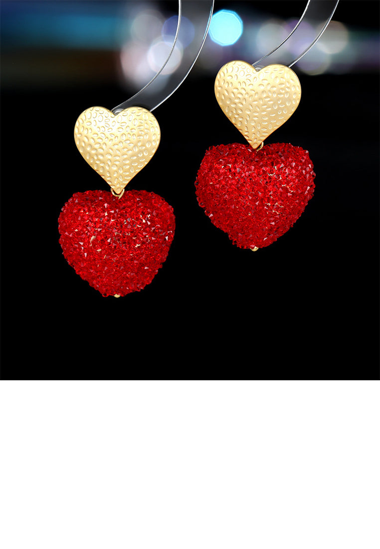 Simple Dazzling Plated Gold Heart Earrings with Red Cubic Zirconia - Luxurious Look - Vibrant Color