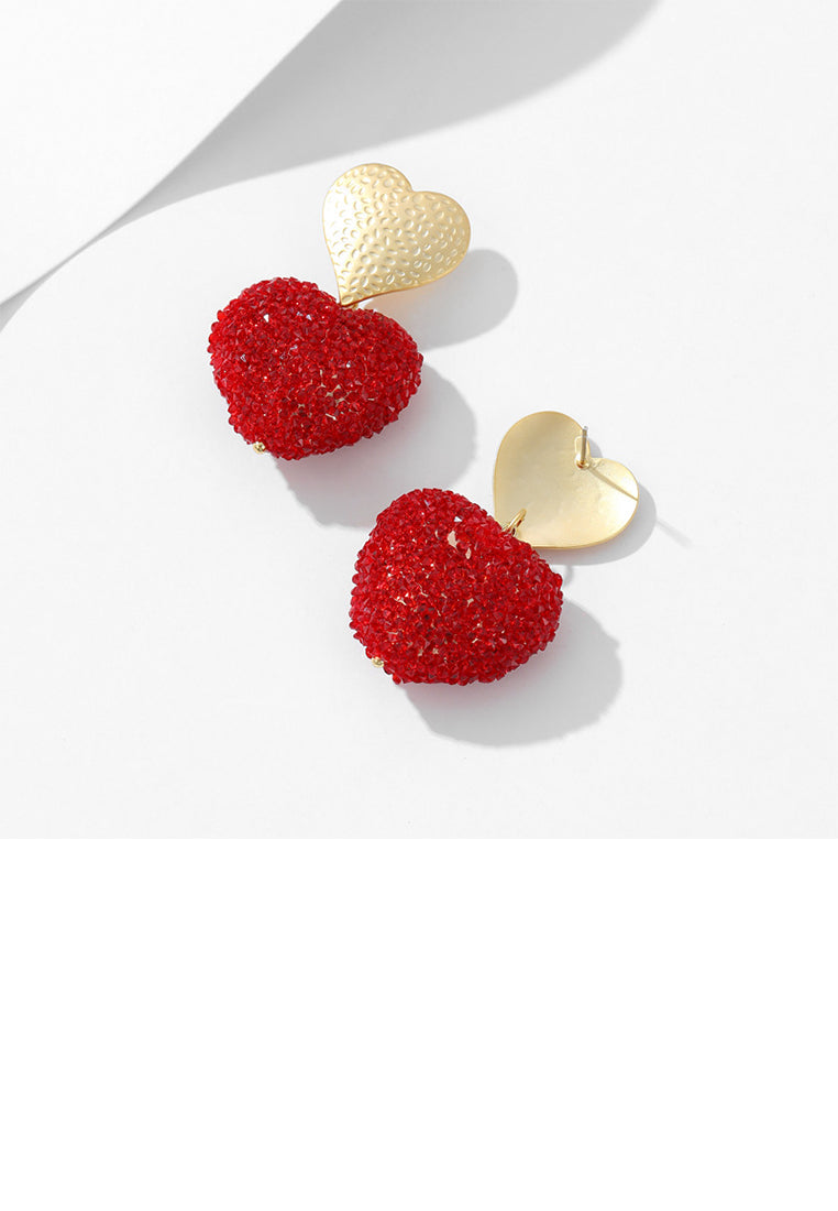 Simple Dazzling Plated Gold Heart Earrings with Red Cubic Zirconia - Luxurious Look - Vibrant Color