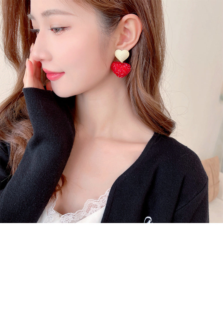 Simple Dazzling Plated Gold Heart Earrings with Red Cubic Zirconia - Luxurious Look - Vibrant Color