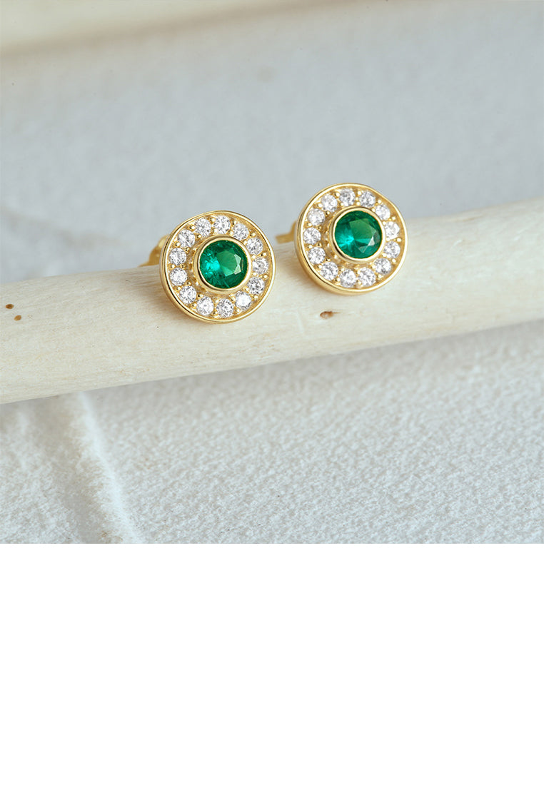 925 Sterling Silver Plated Gold Simple Brilliant Geometric Round Stud Earrings with Cubic Zirconia - Luxurious Look