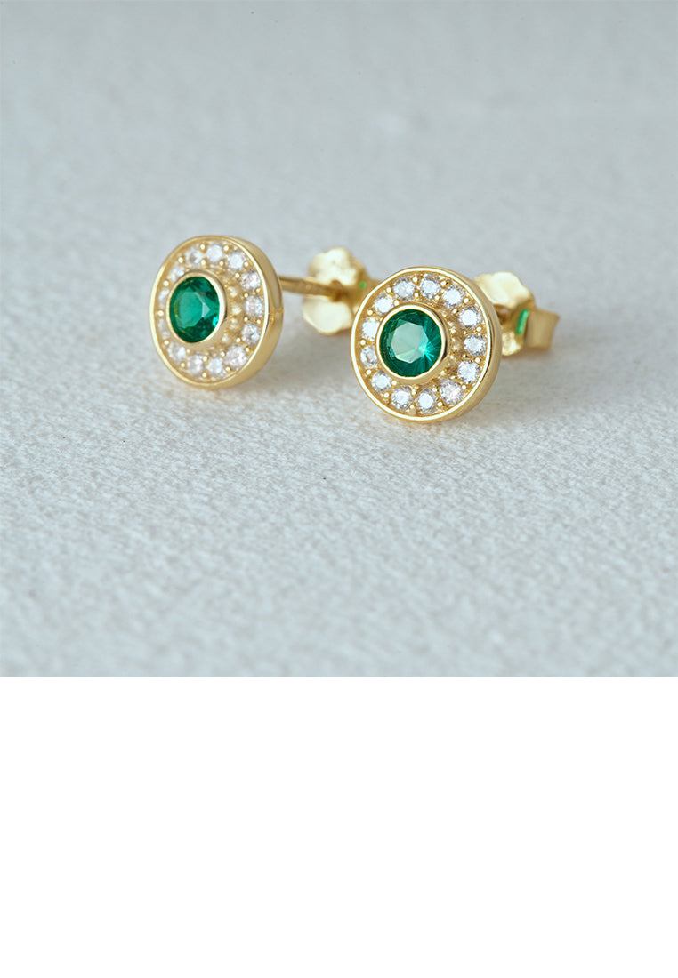 925 Sterling Silver Plated Gold Simple Brilliant Geometric Round Stud Earrings with Cubic Zirconia - Luxurious Look