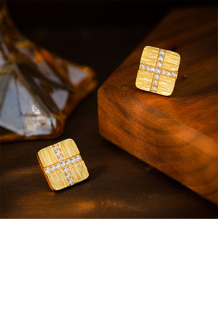 925 Sterling Silver Plated Gold Simple Fashion Brushed Geometric Square Stud Earrings with Cubic Zirconia - Luxurious Look