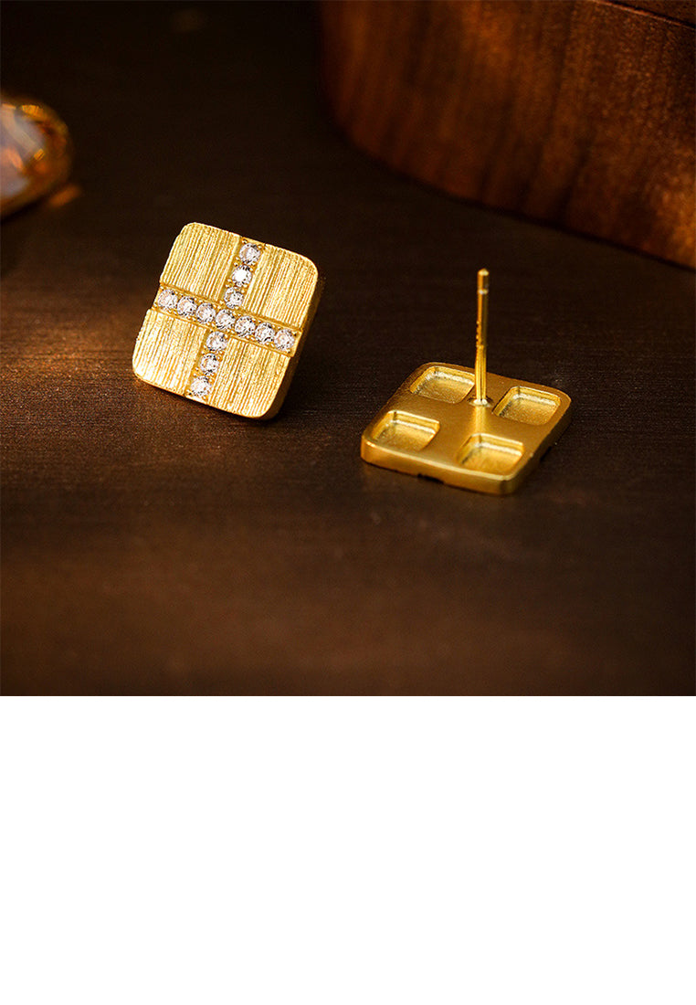 925 Sterling Silver Plated Gold Simple Fashion Brushed Geometric Square Stud Earrings with Cubic Zirconia - Luxurious Look