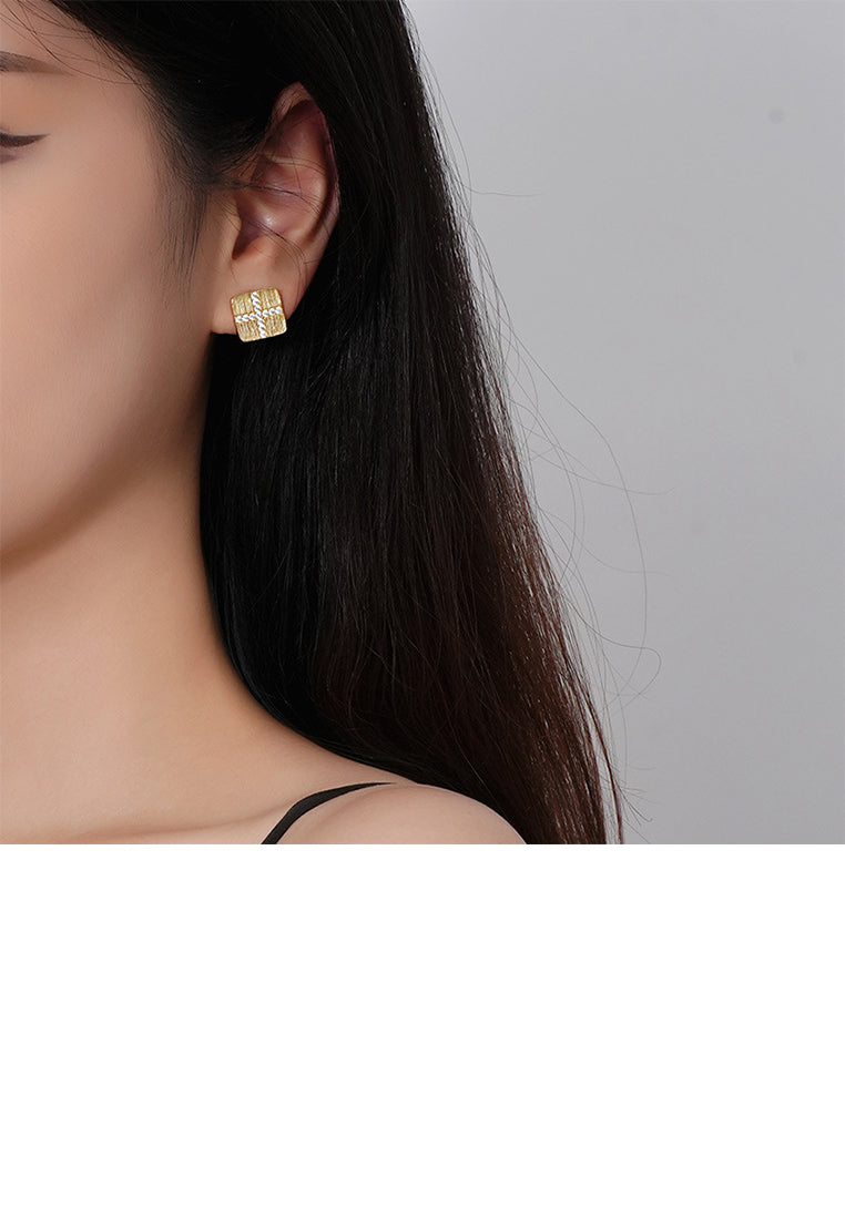 925 Sterling Silver Plated Gold Simple Fashion Brushed Geometric Square Stud Earrings with Cubic Zirconia - Luxurious Look