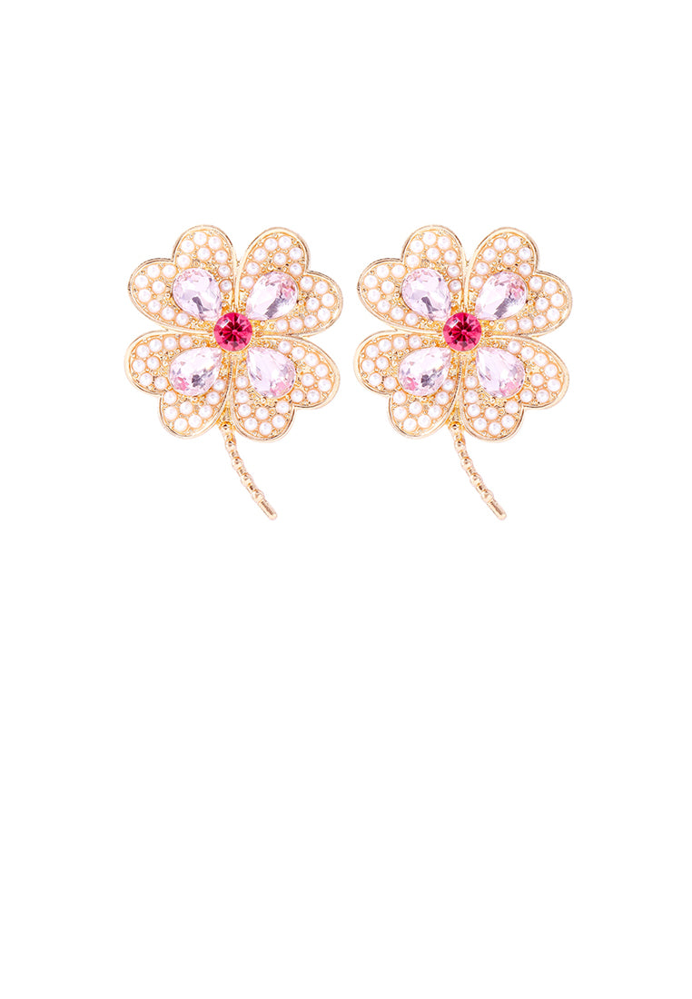 Fashion Brilliant Plated Gold Four-Leafed Clover Imitation Pearl Stud Earrings with Pink Cubic Zirconia - Luxurious Look - Vibrant Color