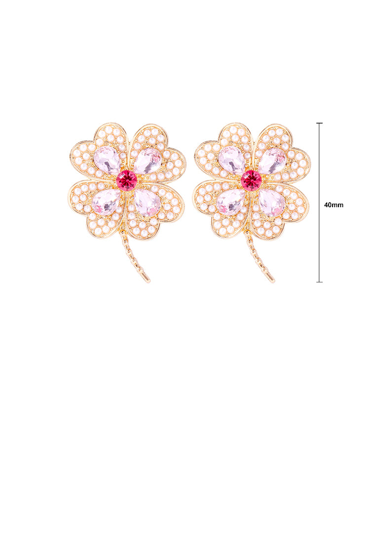 Fashion Brilliant Plated Gold Four-Leafed Clover Imitation Pearl Stud Earrings with Pink Cubic Zirconia - Luxurious Look - Vibrant Color