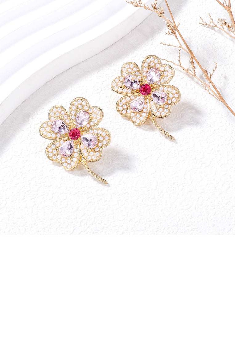 Fashion Brilliant Plated Gold Four-Leafed Clover Imitation Pearl Stud Earrings with Pink Cubic Zirconia - Luxurious Look - Vibrant Color