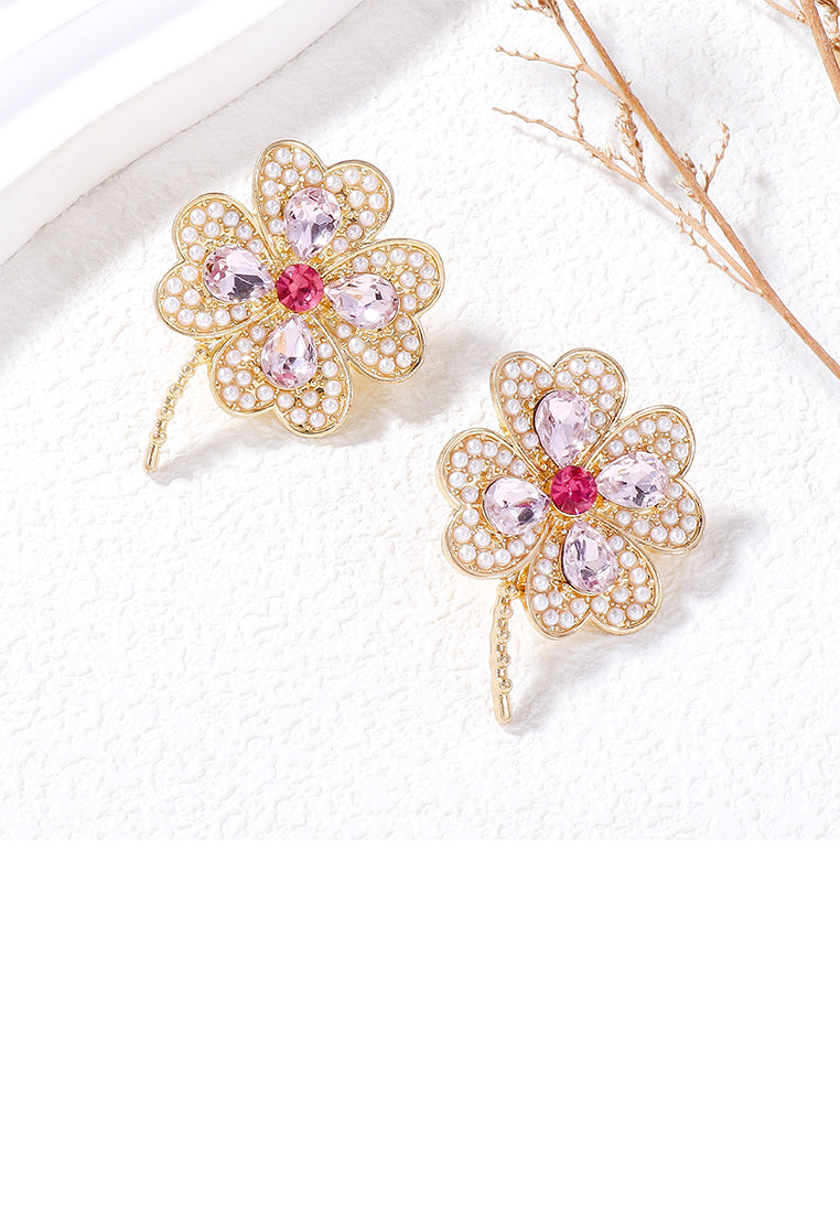 Fashion Brilliant Plated Gold Four-Leafed Clover Imitation Pearl Stud Earrings with Pink Cubic Zirconia - Luxurious Look - Vibrant Color
