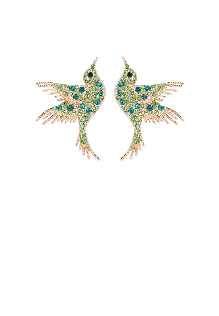 Fashion Brilliant Plated Gold Hummingbird Stud Earrings with Green Cubic Zirconia - Luxurious Look