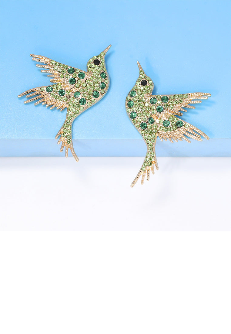 Fashion Brilliant Plated Gold Hummingbird Stud Earrings with Green Cubic Zirconia - Luxurious Look