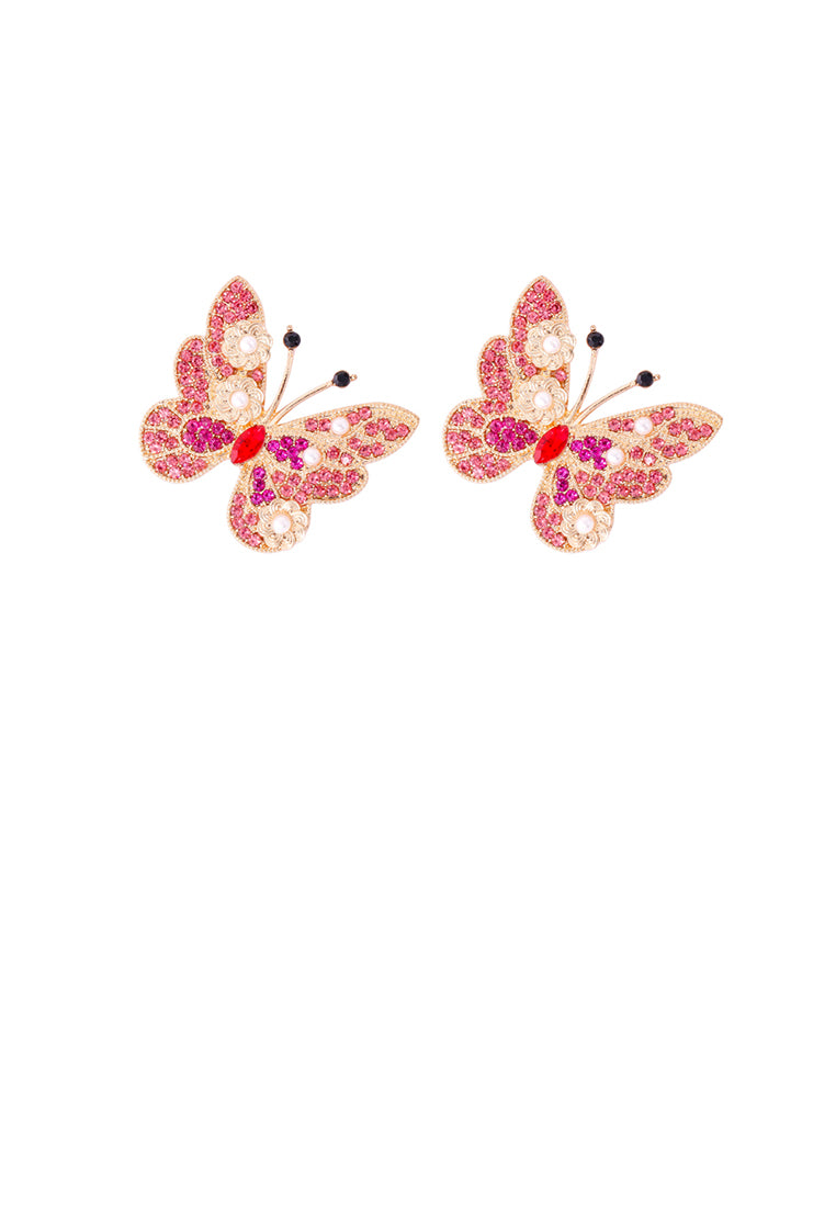 Simple Brilliant Plated Gold Butterfly Imitation Pearl Stud Earrings with Pink Cubic Zirconia - Luxurious Look - Vibrant Color