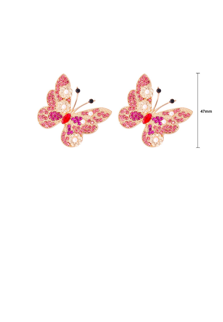 Simple Brilliant Plated Gold Butterfly Imitation Pearl Stud Earrings with Pink Cubic Zirconia - Luxurious Look - Vibrant Color