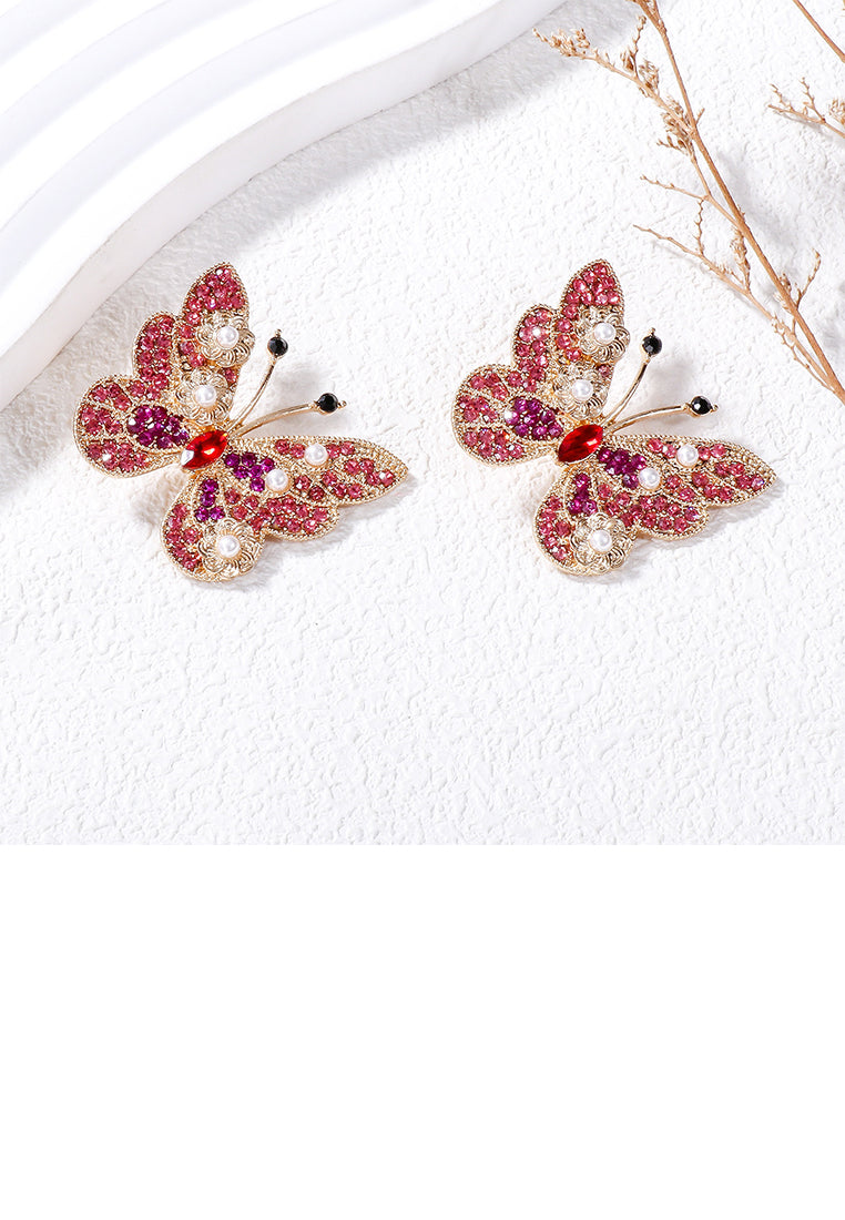Simple Brilliant Plated Gold Butterfly Imitation Pearl Stud Earrings with Pink Cubic Zirconia - Luxurious Look - Vibrant Color