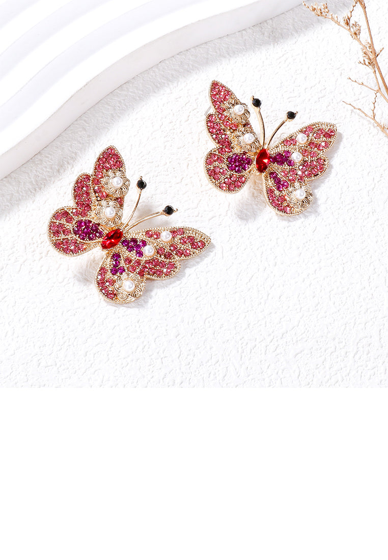 Simple Brilliant Plated Gold Butterfly Imitation Pearl Stud Earrings with Pink Cubic Zirconia - Luxurious Look - Vibrant Color