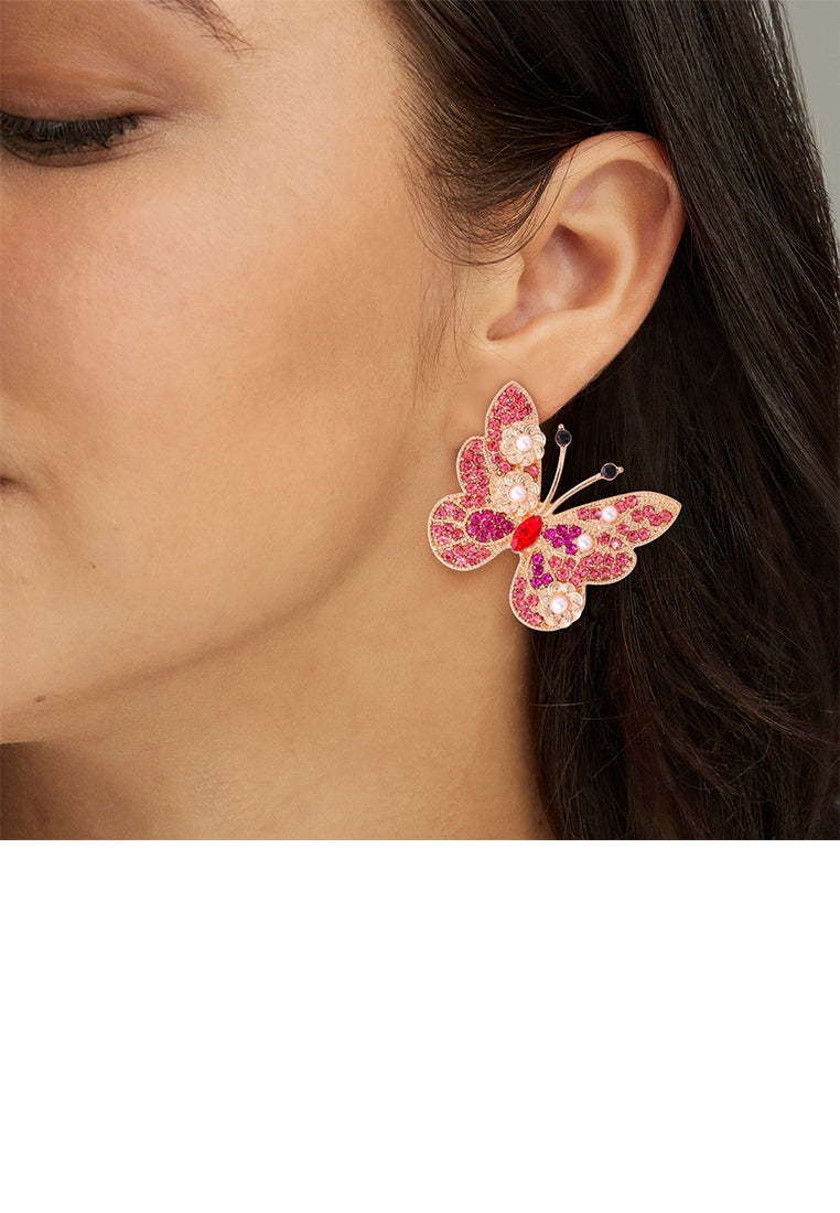 Simple Brilliant Plated Gold Butterfly Imitation Pearl Stud Earrings with Pink Cubic Zirconia - Luxurious Look - Vibrant Color